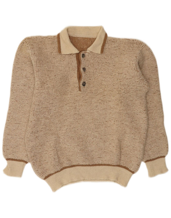 Vintage hombres polo cuello jersey suéter medio beige moteado lana de alpaca