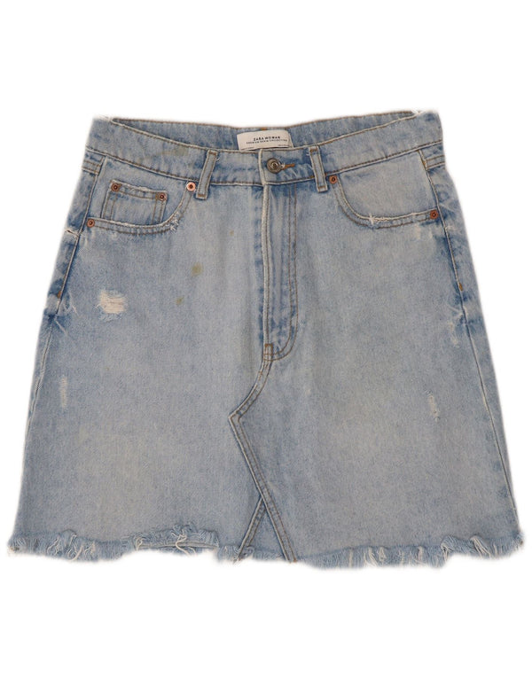 Zara Mujer Minifalda Vaquera Desgastada Mediana W28 Algodón Azul