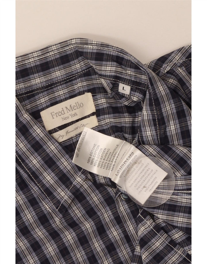 Fred Mello Camisa de manga corta para hombre de algodón a cuadros azul marino grande