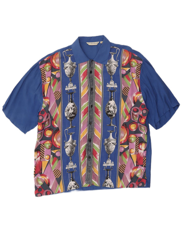 Vintage hombres gráfico manga corta camisa XL azul geométrico