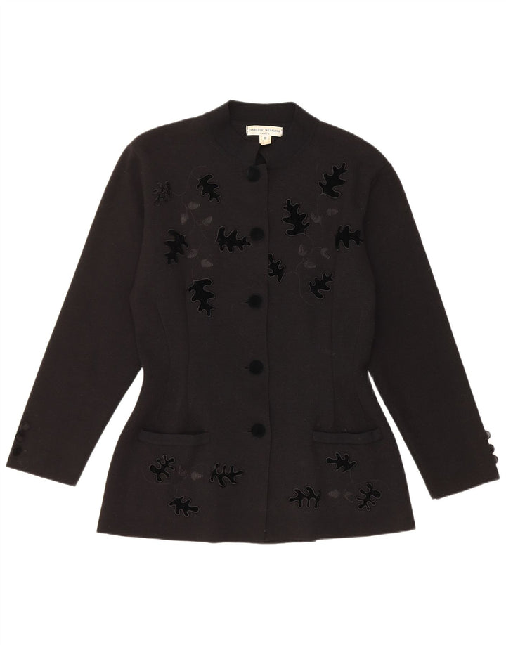 Vintage mujer 5 botones Blazer chaqueta Reino Unido 10 pequeña lana virgen floral negra