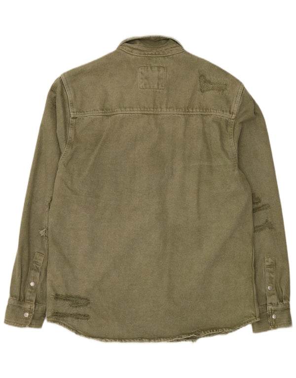 Zara Hombre Camisa Vaquera Desgastada De Corte Relajado XL Algodón Verde