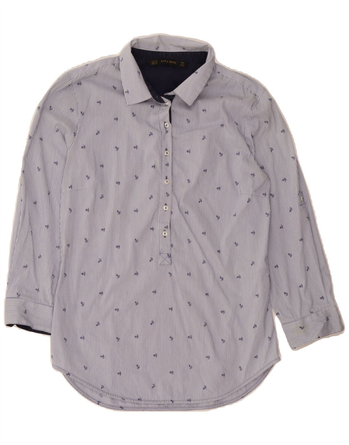 ZARA Womens 3/4 Sleeve Pullover Shirt UK 12 Medium Blue Pinstripe Cotton Vintage Zara and Second-Hand Zara from Messina Hembry 