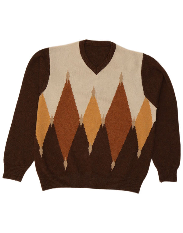 Vintage hombres V-cuello jumper suéter grande marrón Argyle/Diamond