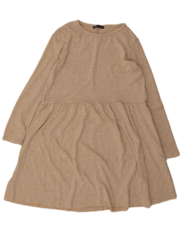 Zara Mujer Vestido Jersey De Manga Larga UK 42 Poliéster Moteado Beige Medio