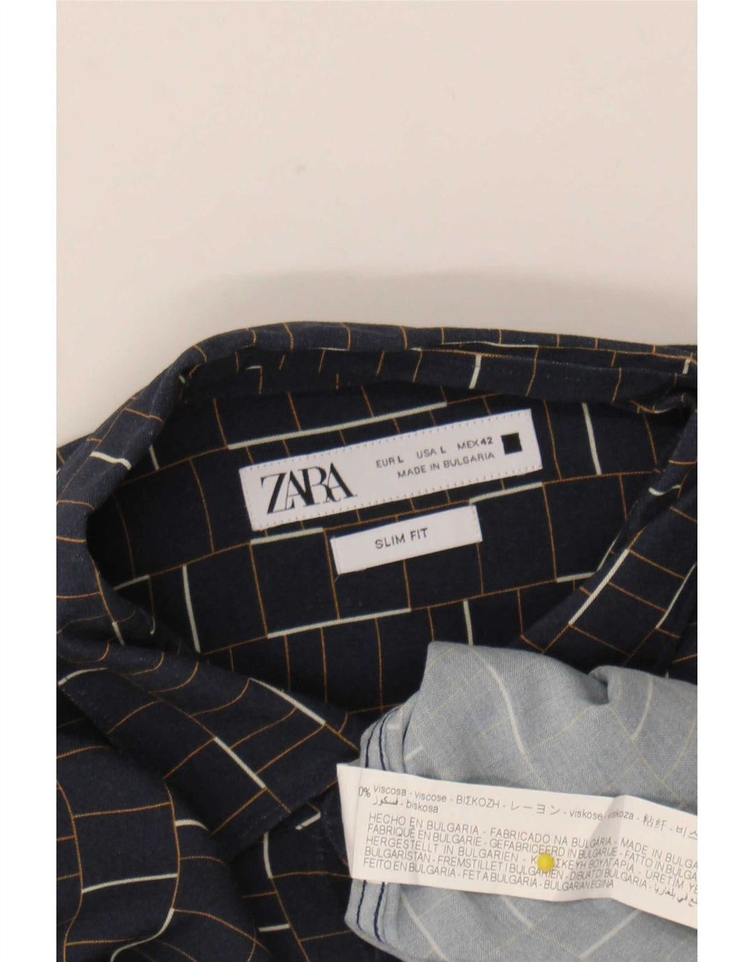 Zara Hombre Camisa Slim Fit Large Azul Marino Cuadros Viscosa