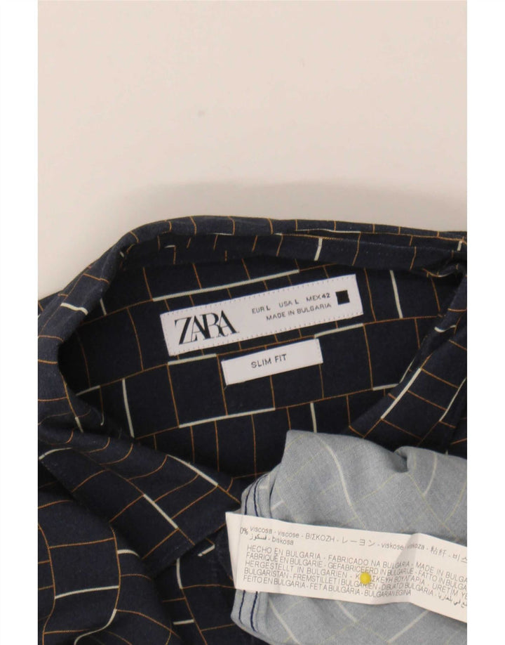Zara Hombre Camisa Slim Fit Large Azul Marino Cuadros Viscosa