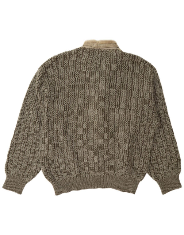 Vintage hombres chal cuello jumper suéter grande gris colorblock lana