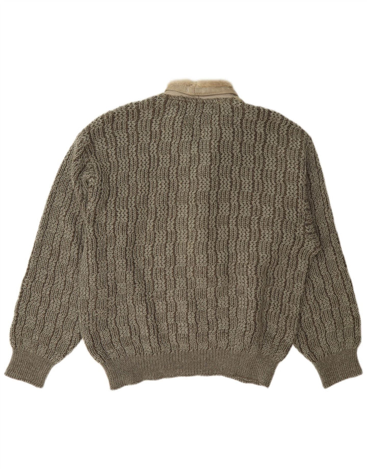 Vintage hombres chal cuello jumper suéter grande gris colorblock lana