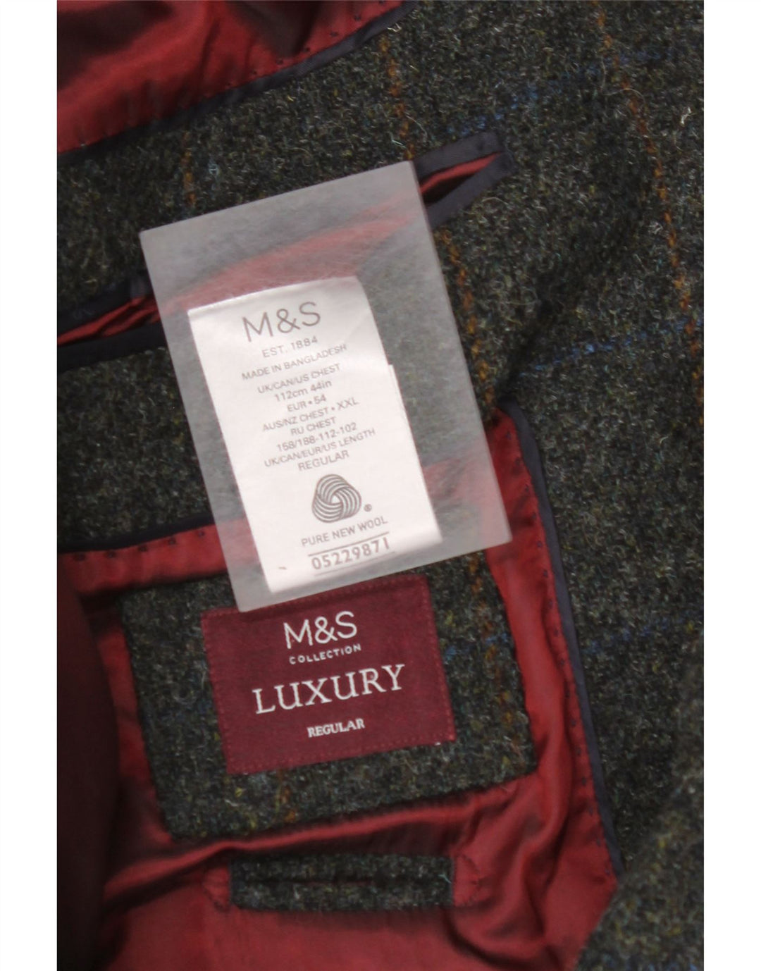 MARKS & SPENCER Chaqueta tipo blazer de 2 botones para hombre EU 54 2XL Lana virgen a cuadros verdes