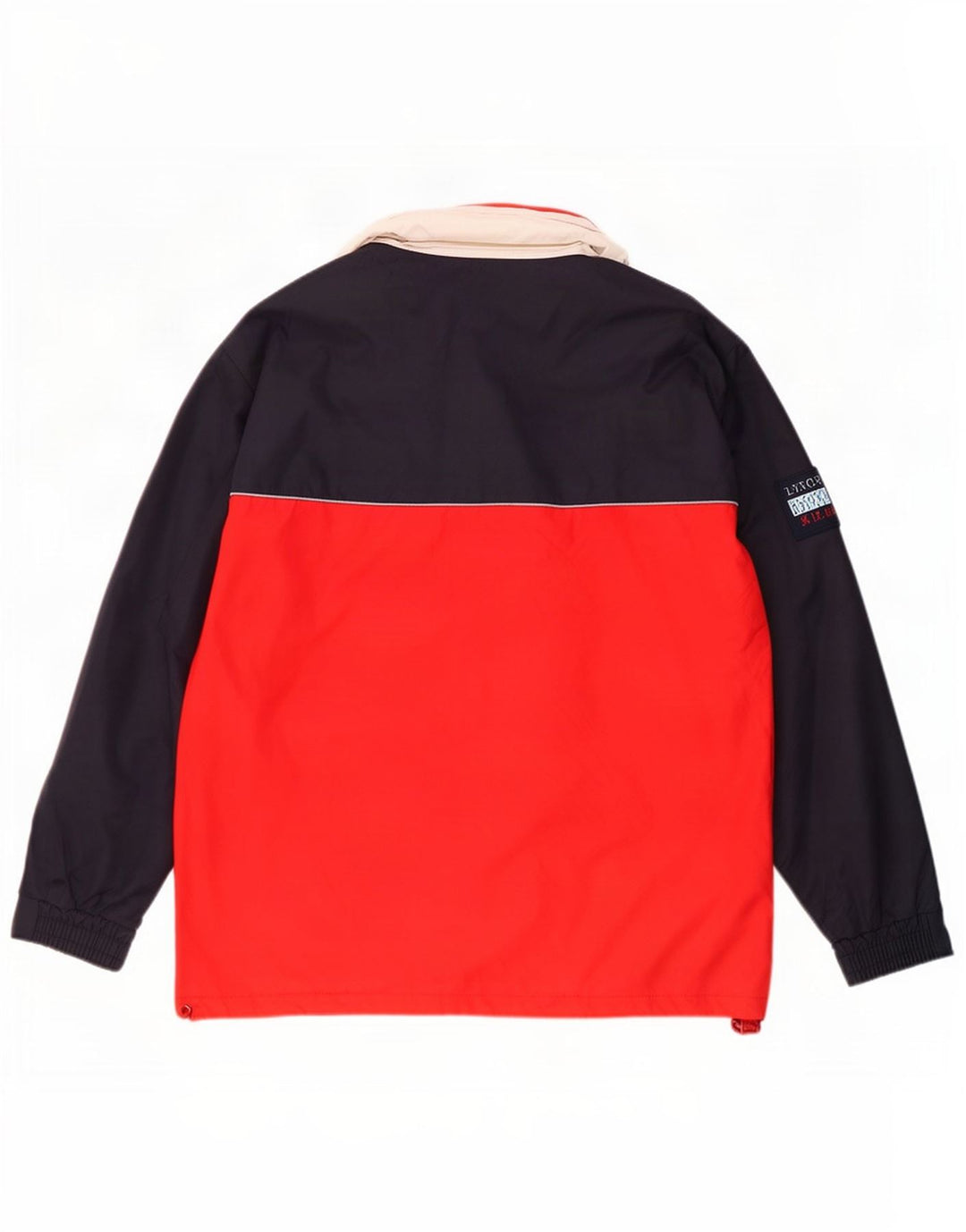 Vintage hombres con capucha chaqueta de lluvia Reino Unido 36 pequeño rojo colorblock poliéster