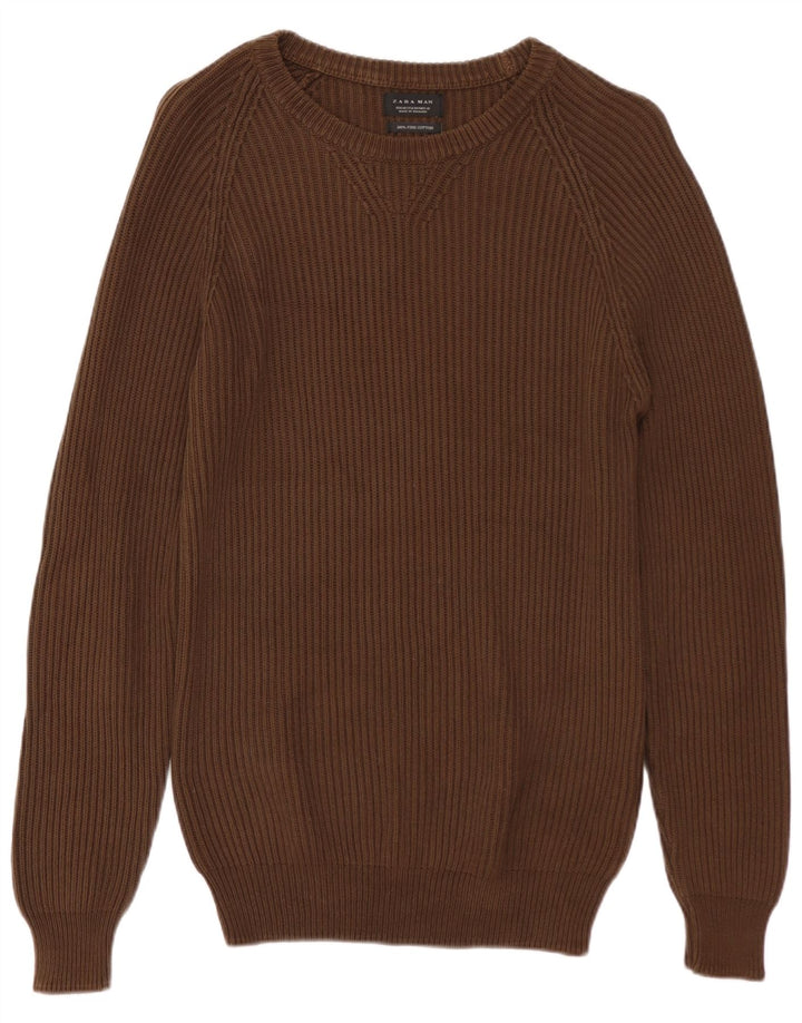 ZARA Hombre Jersey Cuello Barco Algodón Marrón Medio