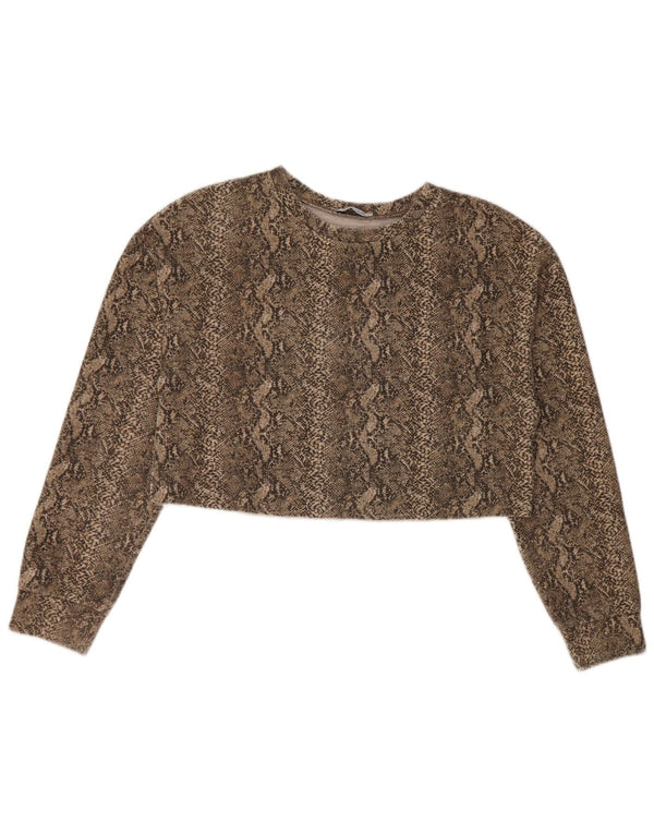 Zara Mujer Crop Oversize Top Manga Larga UK 40 Pequeño Caqui Estampado Animal