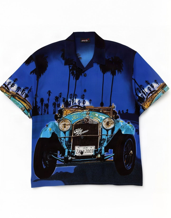 Vintage hombres hawaiano manga corta camisa grande azul poliéster