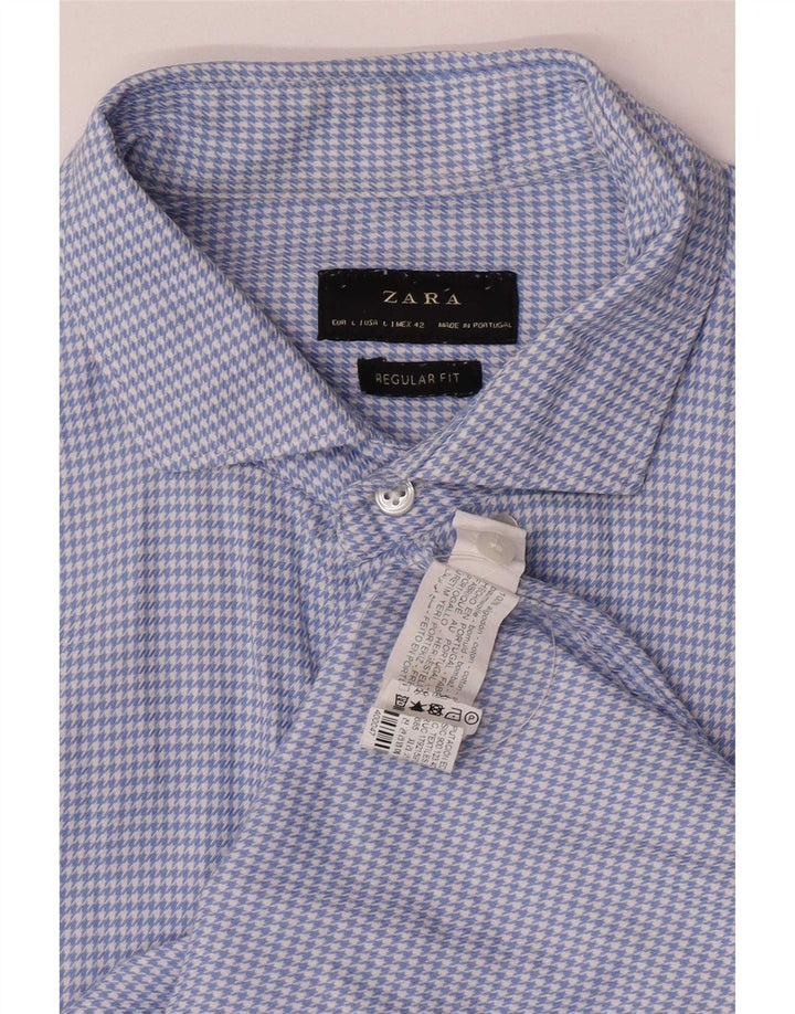 Zara Hombre Camisa Regular Fit De Franela Algodón De Pata De Gallo Azul Grande
