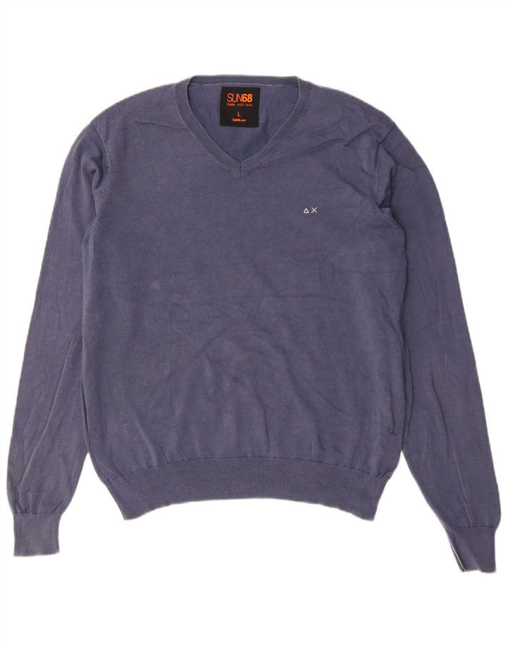 Sun68 - Jersey con cuello en V para hombre, talla grande, algodón azul