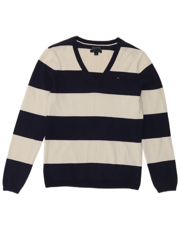 Tommy Hilfiger Suéter con cuello en V para mujer UK 12 Medium Azul marino a rayas