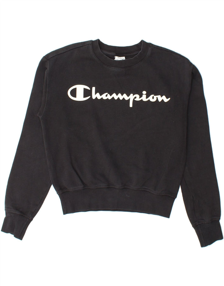 CHAMPION Womens Crop Graphic Sweatshirt Jumper UK 14 Medium Black Vintage Champion and Second-Hand Champion from Messina Hembry 