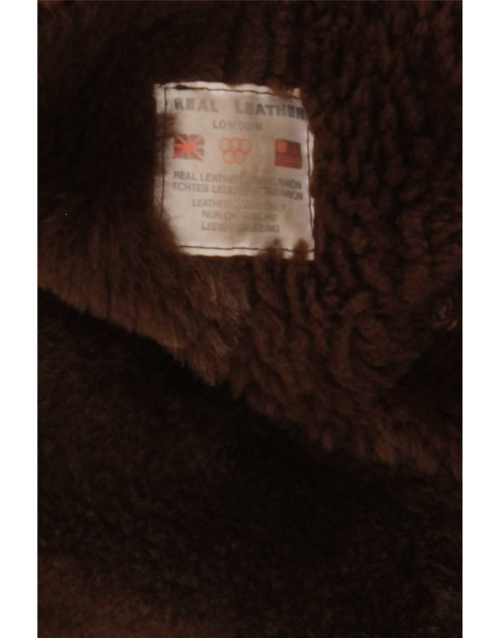 Vintage mujer shearling abrigo Reino Unido 14 cuero marrón medio
