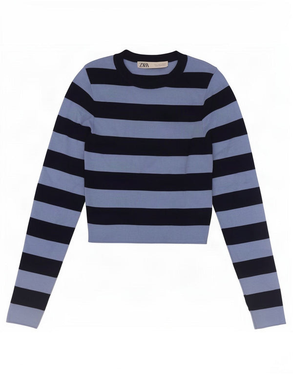Zara Mujer Crop Top Manga Larga UK 8 Small Azul Rayas