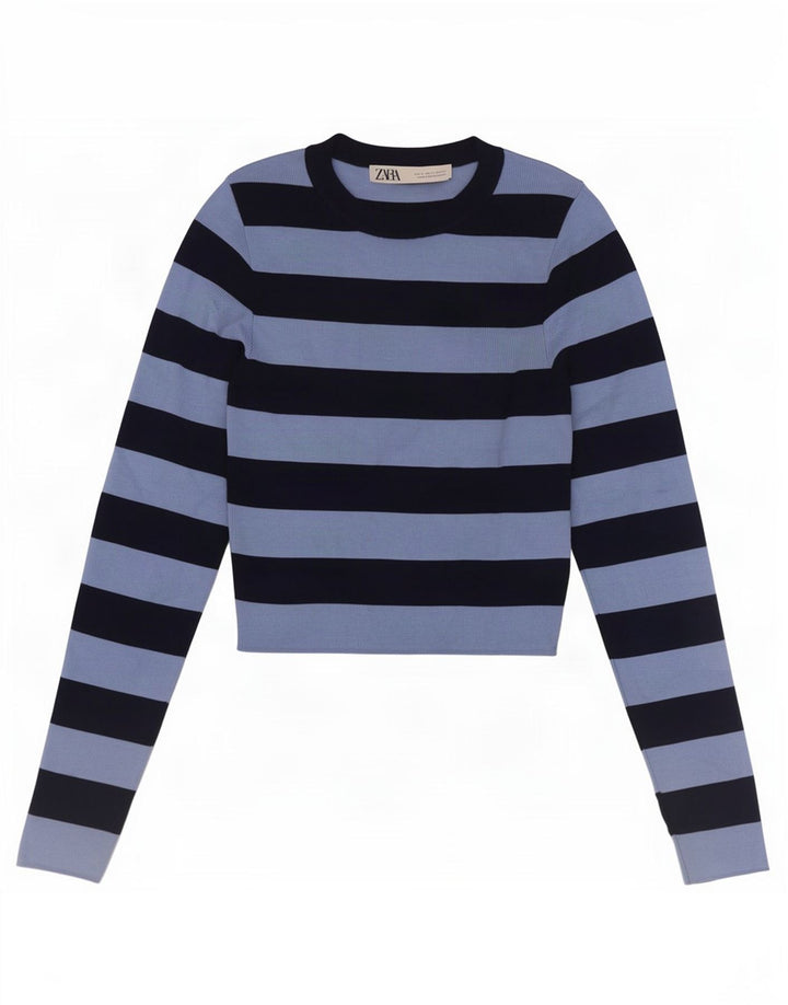 Zara Mujer Crop Top Manga Larga UK 8 Small Azul Rayas