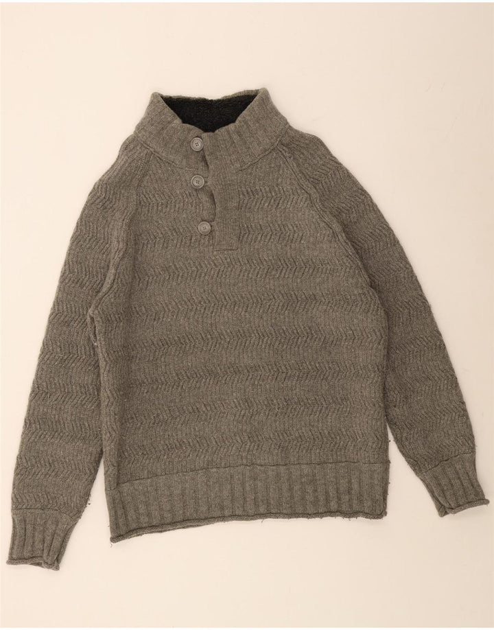 FAT FACE Suéter tipo jersey con cuello y botones para hombre 2XL Lana en espiga gris