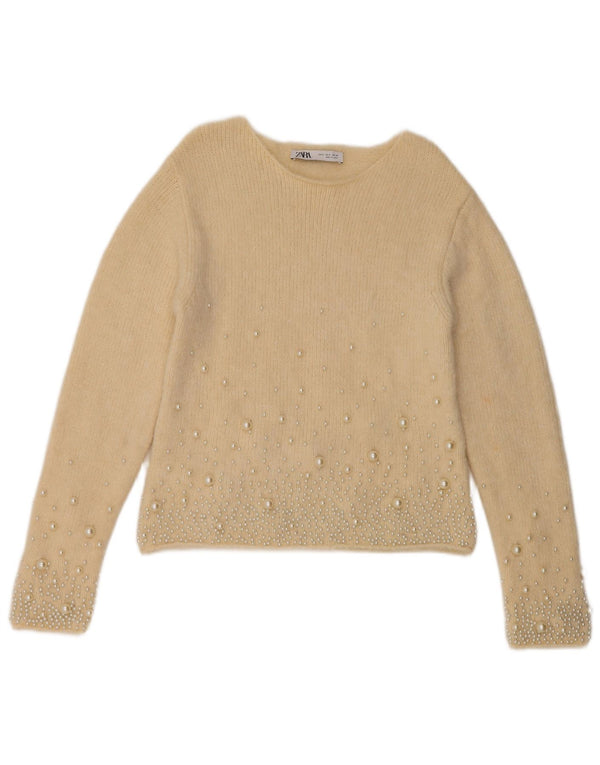 Zara Suéter Corto con Cuello Barco para Mujer UK 10 Small Off White Spotted