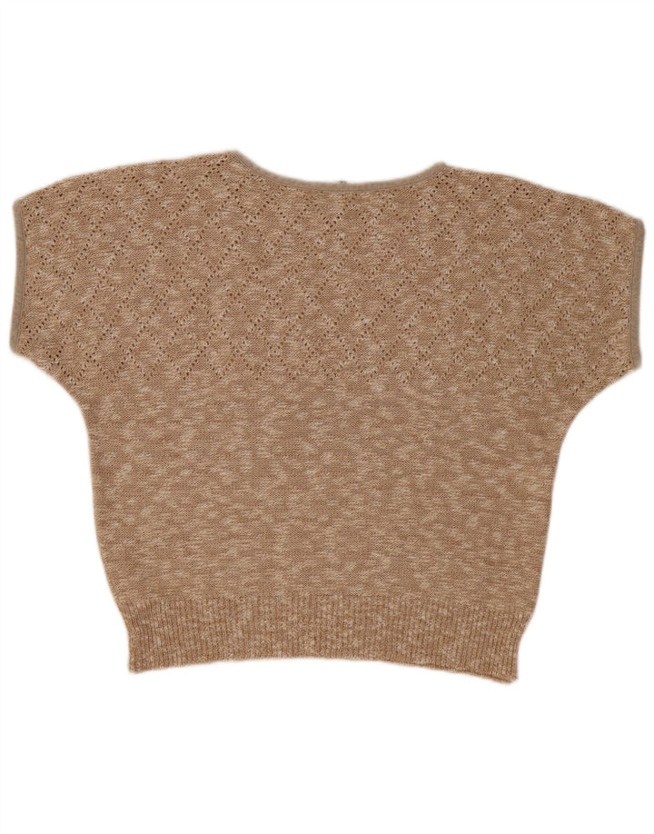 Vintage mujer manga corta barco cuello jersey suéter Reino Unido 14 medio beige