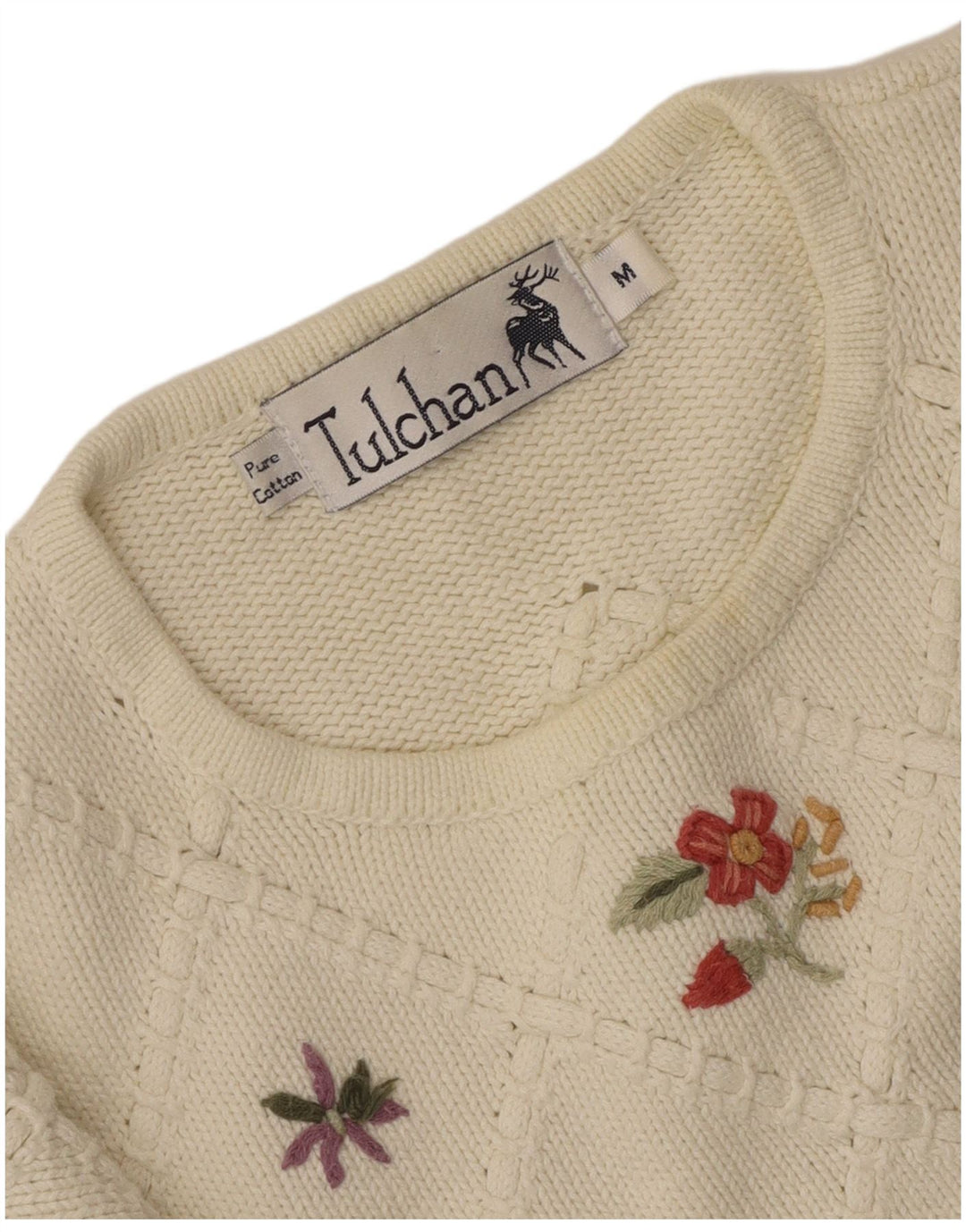 TULCHAN Suéter tipo jersey con cuello redondo para mujer UK 40 Algodón floral blanco mediano