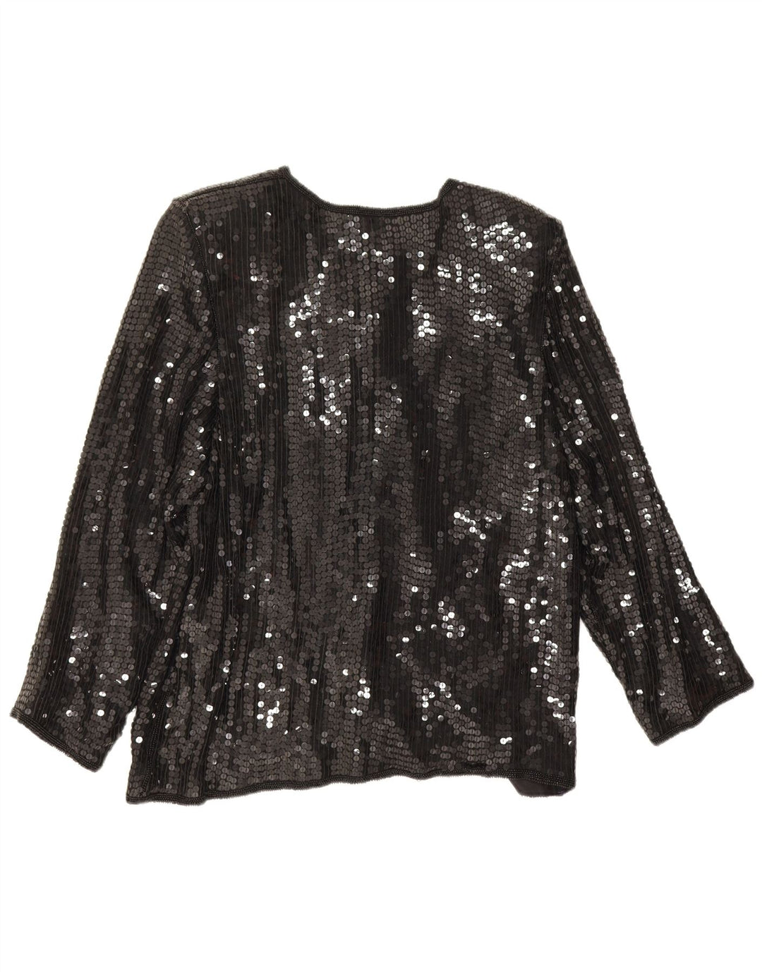 Vintage mujer lentejuelas camisa blusa Reino Unido 14 seda negra mediana