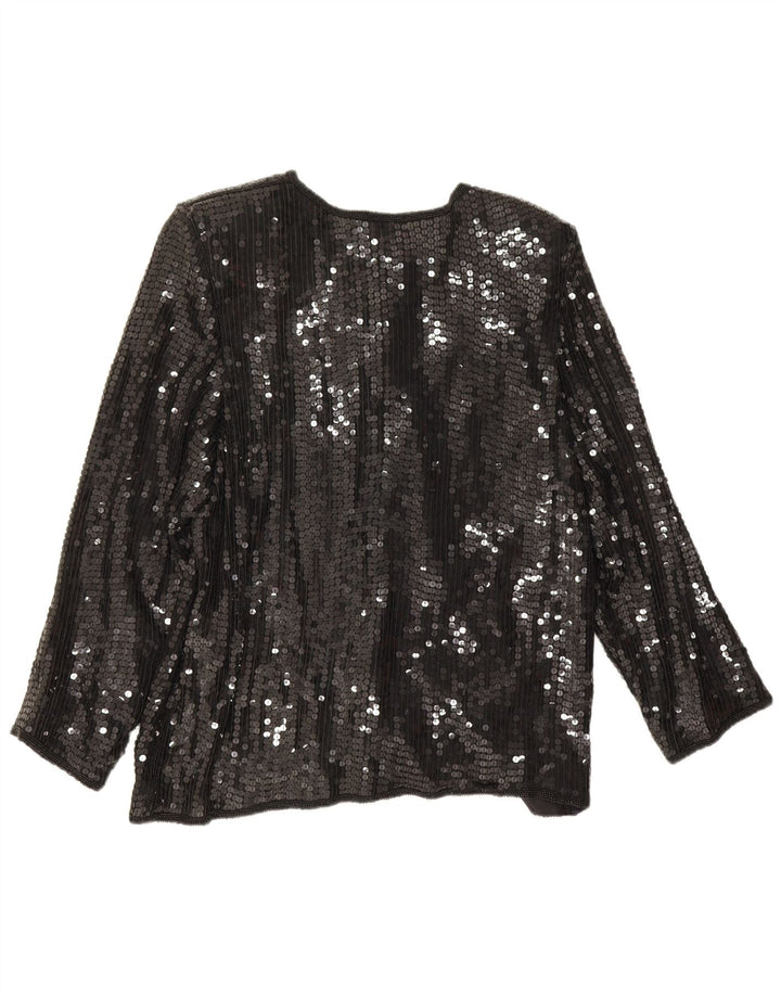 Vintage mujer lentejuelas camisa blusa Reino Unido 14 seda negra mediana