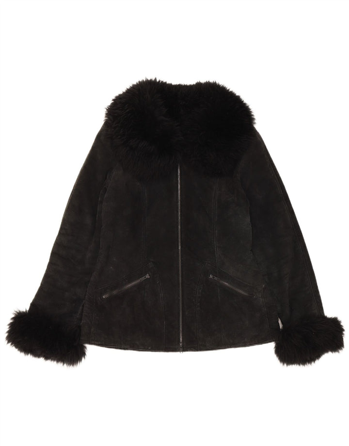 Vintage mujer Sherpa ante chaqueta Reino Unido 10 pequeño cuero negro