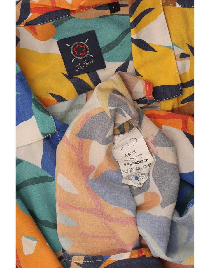 Camisa vintage de manga corta para hombre, viscosa floral multicolor grande
