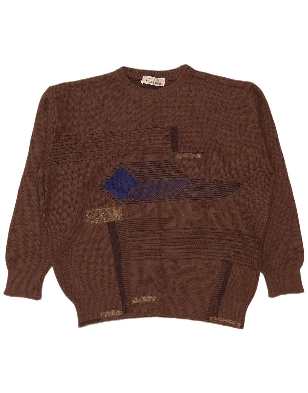 Vintage hombres cuello redondo jersey suéter grande marrón geométrico