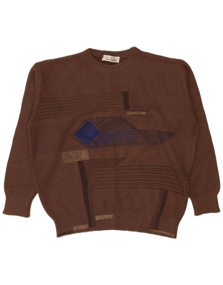 Vintage hombres cuello redondo jersey suéter grande marrón geométrico