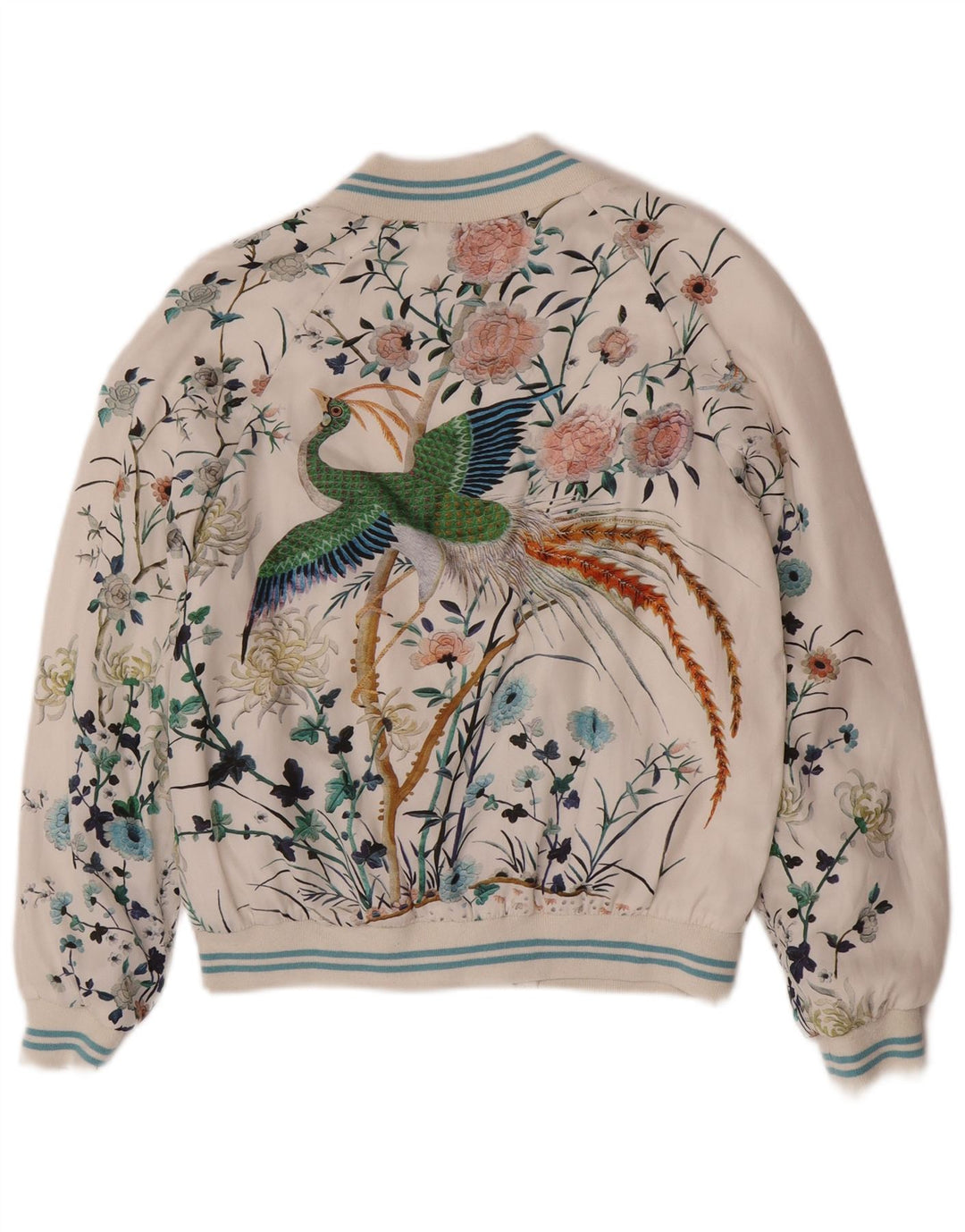 Zara Mujer Chaqueta Bomber Estampada UK 6 XS Poliéster Floral Blanco