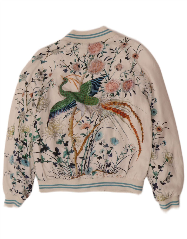 Zara Mujer Chaqueta Bomber Estampada UK 6 XS Poliéster Floral Blanco