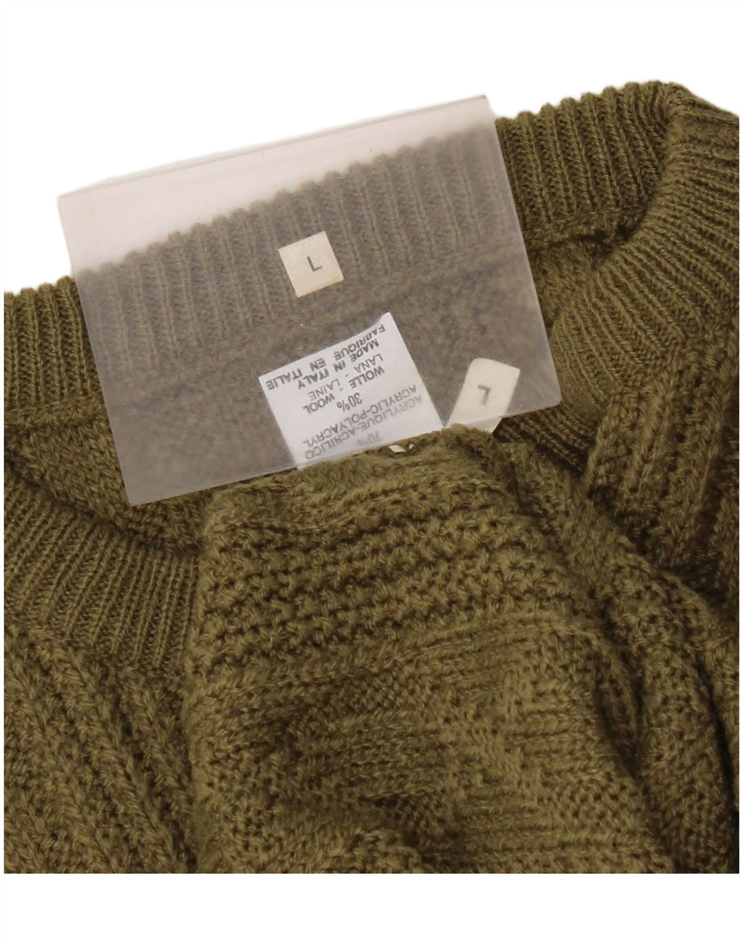 Vintage hombres cuello redondo jersey suéter grande caqui acrílico