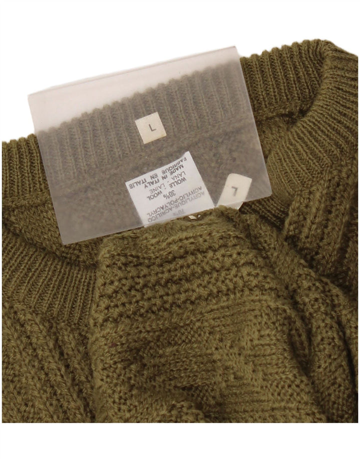 Vintage hombres cuello redondo jersey suéter grande caqui acrílico