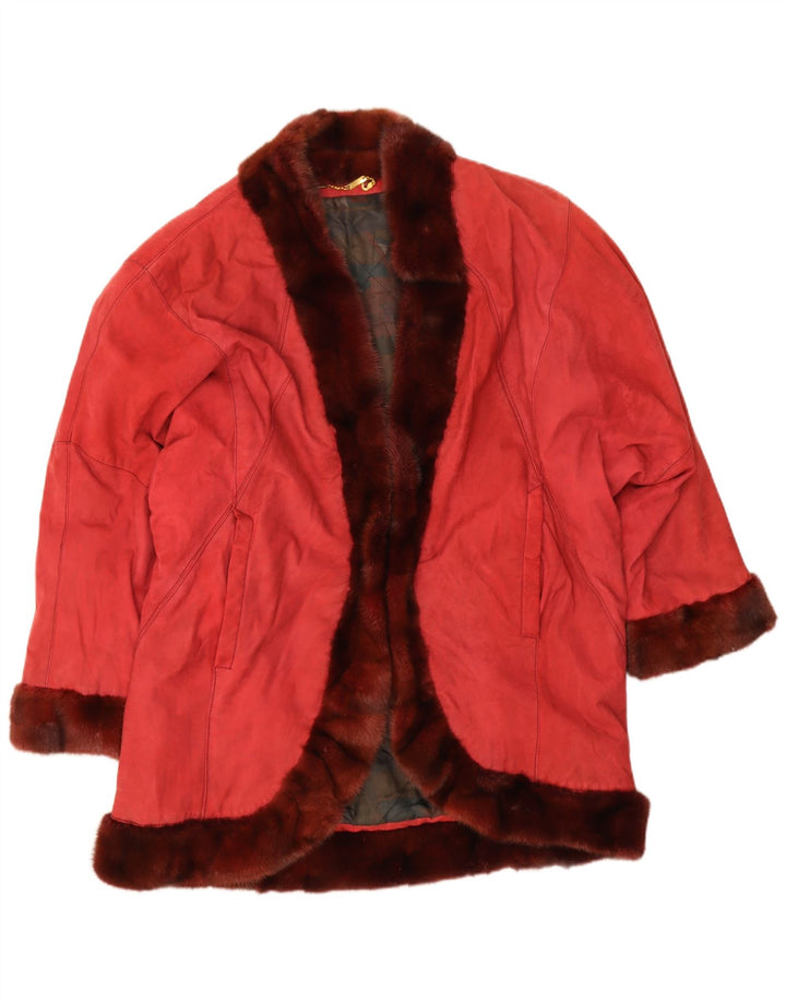 VINTAGE Abrigo de ante abierto de gran tamaño para mujer IT 44 Cuero rojo medio