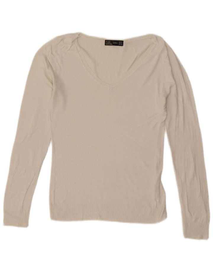 Zara Mujer Top Manga Larga UK 10 Small Rayón Blanco