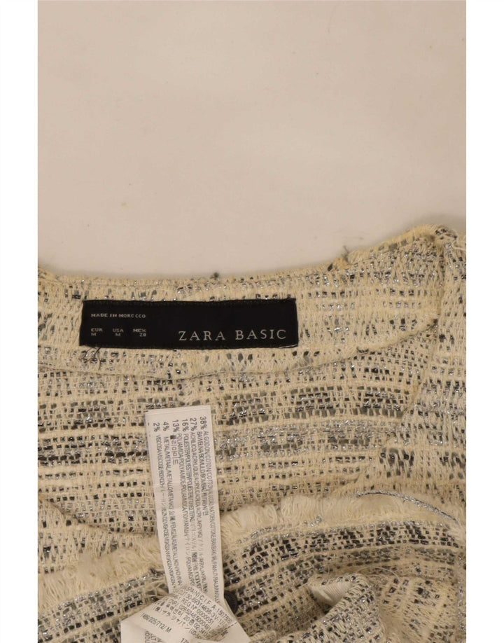 Zara Chaqueta Bolero Abierta para Mujer UK 12 Mediana Off White Algodón Geométrico