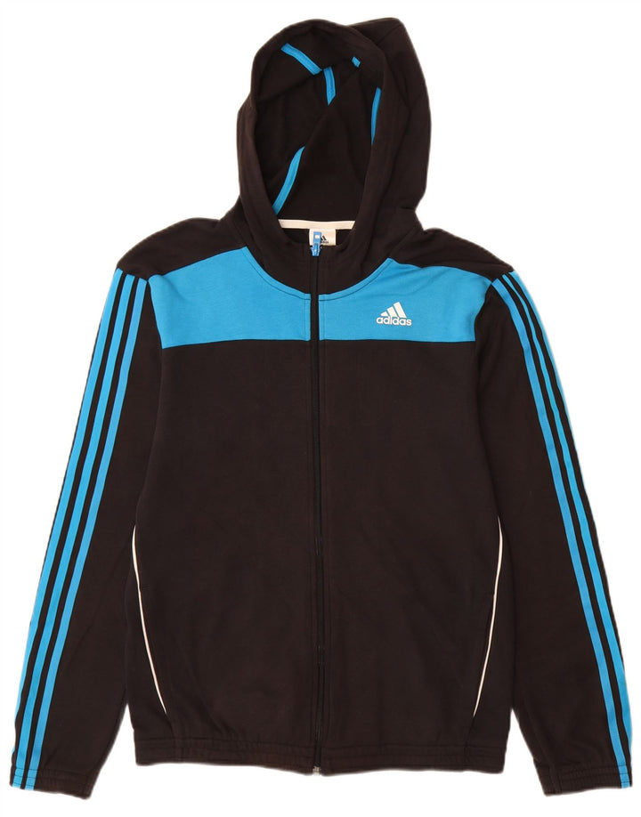 ADIDAS Sudadera con capucha y cremallera para hombre, talla pequeña, algodón negro con bloques de color