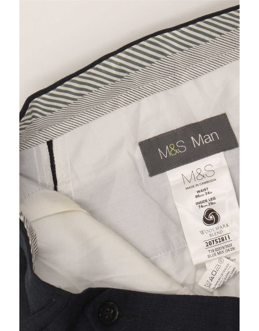 Marks & Spencer Pantalón de traje recto para hombre W34 L29 Lana azul marino