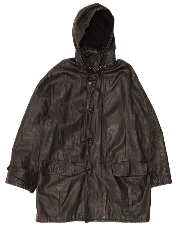 Vintage hombres con capucha abrigo de cuero IT 52 XL cuero negro