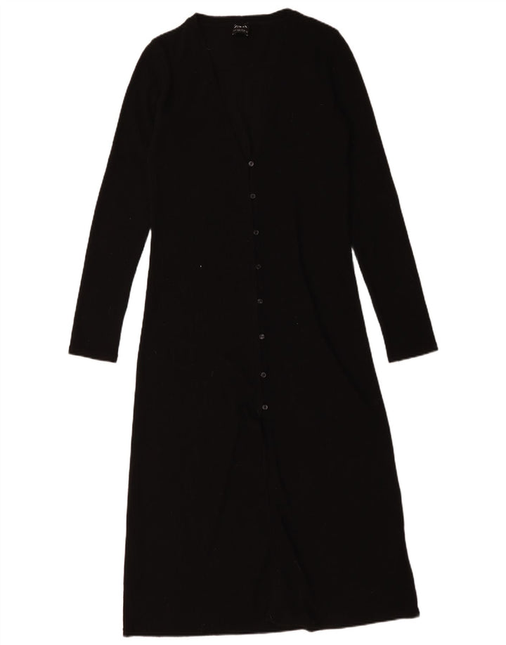 Zara Mujer Longline Cardigan Suéter UK 10 Pequeño Poliéster Negro