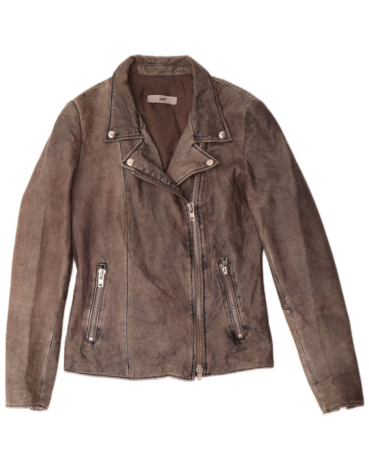 Chaqueta Biker De Cuero Zen Mujer IT 44 Cuero Gris Medio