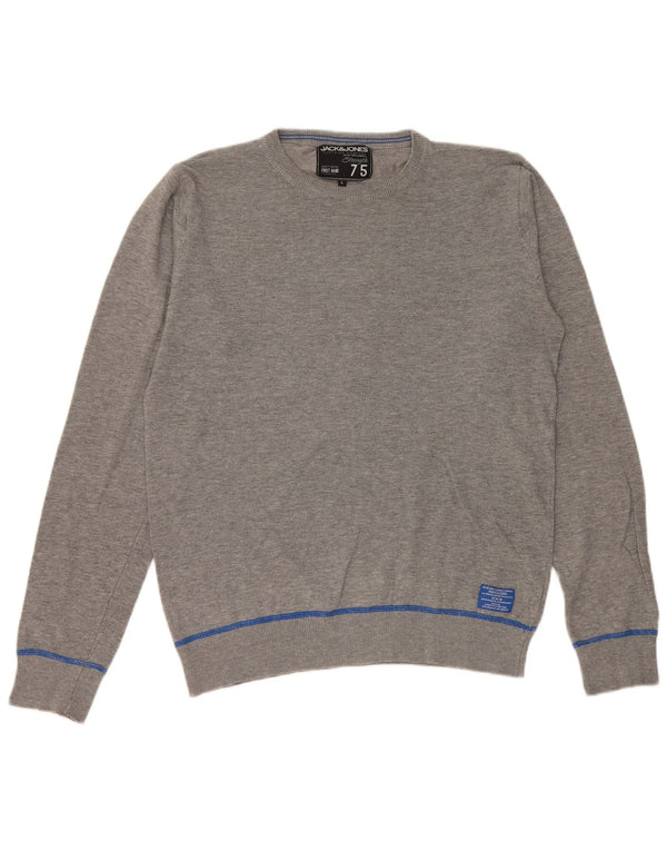 JACK & JONES Jersey de cuello redondo para hombre de algodón a rayas gris grande