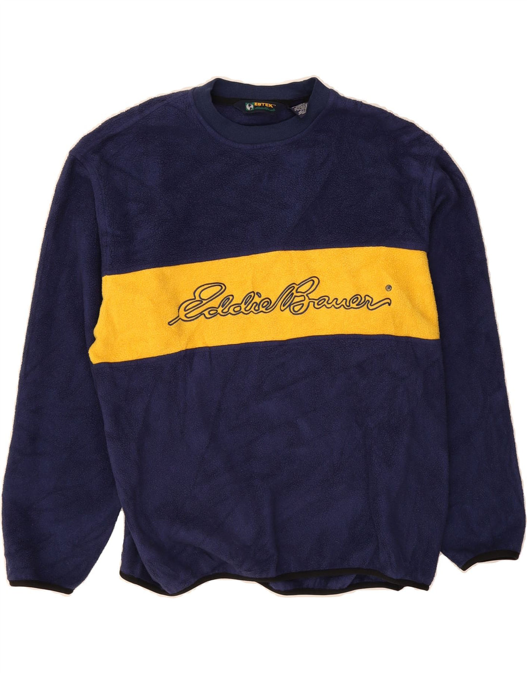 EDDIE BAUER Mens Graphic Fleece Jumper Medium Navy Blue Colourblock Nylon Vintage Eddie Bauer and Second-Hand Eddie Bauer from Messina Hembry 