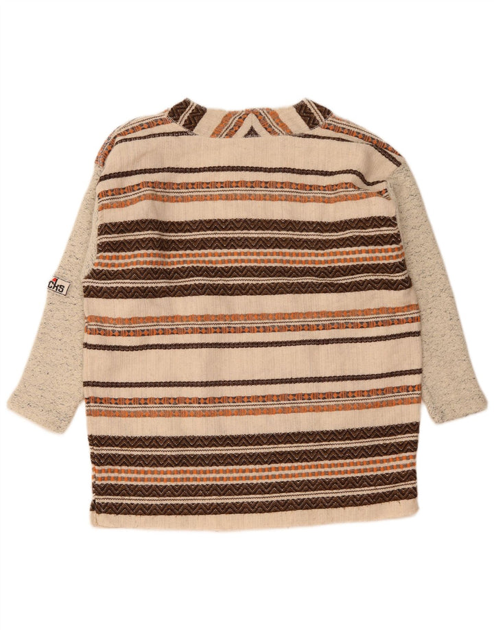 Vintage hombres 3/4 manga botón cuello jersey suéter medio beige rayas